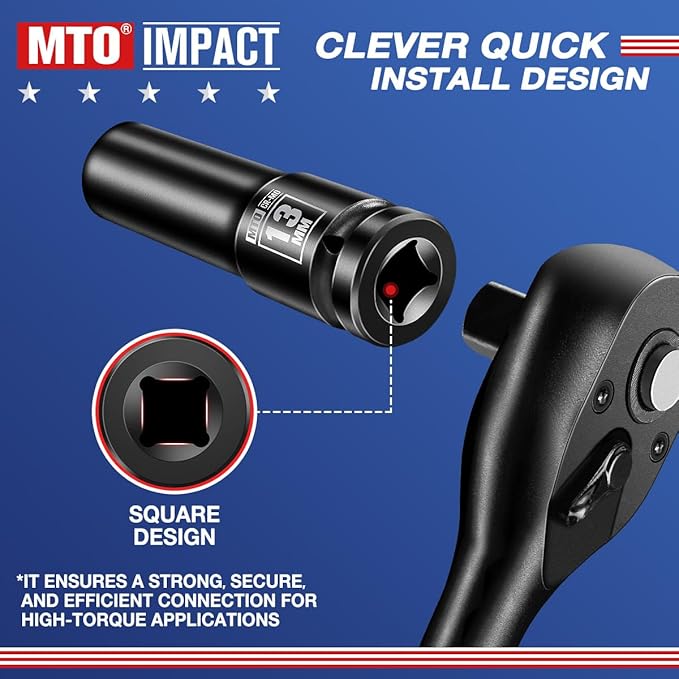 MTO 1/2" Drive 13mm Deep Impact Socket, 6 Pt. Metric Socket, CR-MO Steel & Anti-Corrosion Coating for Heavy-Duty Use