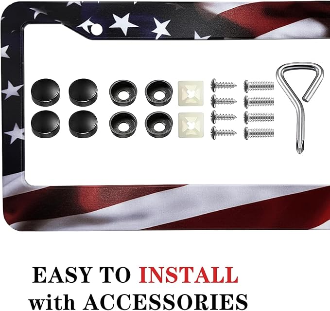 2Pcs American Flag License Plate Frames - KMBCAM Universal Aluminum License Plate, Gloss Patriotic License Plate Cover Hold for Car for Men with Free Screws Caps, Gifts for Friends or Family.