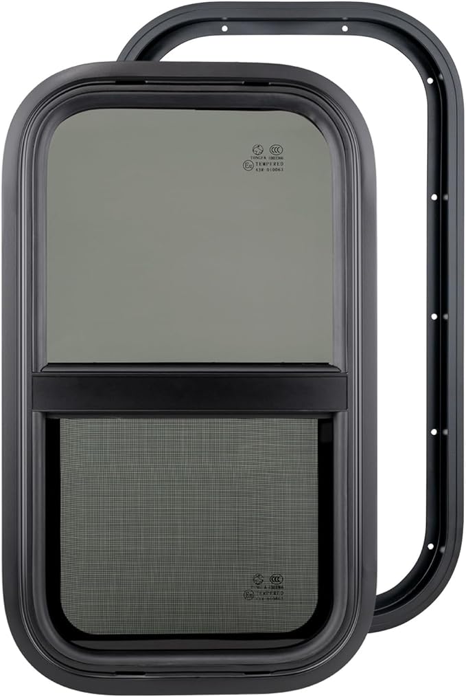 Dulepax Vertical RV Window, 15" W x 22" H Tinted Slide Trailer Window, Tempered Glass Camper Window Replacement with Net Screen and Trim Ring, DOT Approved