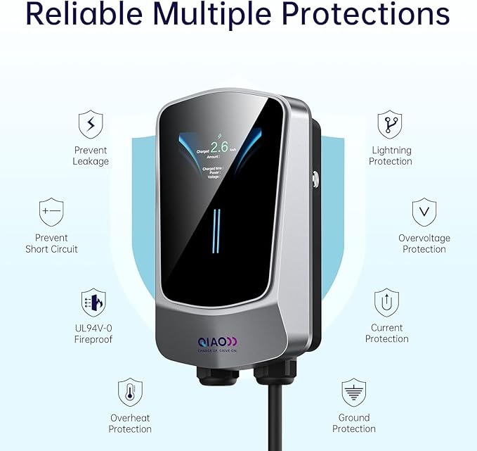 QIAO Level 2 EV Charger Hardwired, Home Charging Station UP to 48A, 240V with Smart APP & Scheduled Charging, J1772 Compatible for All EVs/PHEVs, 25ft Cable, 4.3in Display, IP65 Waterproof