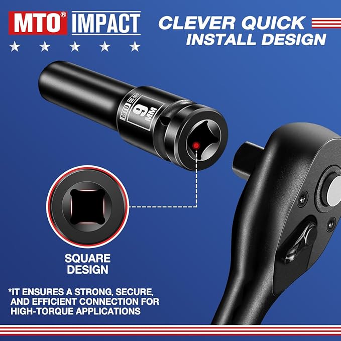 MTO 1/2" Drive 9mm Deep Impact Socket, 6 Pt. Metric Socket, CR-MO Steel & Anti-Corrosion Coating for Heavy-Duty Use