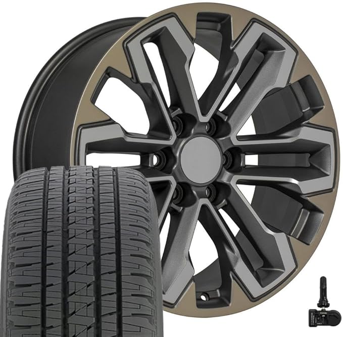 OE Wheels CV69 20 Inch Rims and Tires Fit Silverado 1500 Style 6x139.7 20x9 Satin Gunmetal Machined Face - Two Tone - Hollander 5905 - Dueler Alenza HL Plus 275/55-20 (Set of 4)