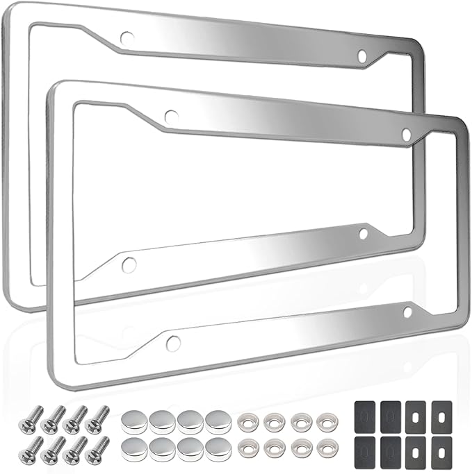 Stainless Steel License Plate Frames- 2 Pack Mirror Polished Front & Rear Auto Car Tag Holder, Heavy Duty Chrome Bracket with Mount Hardware, Screws Caps