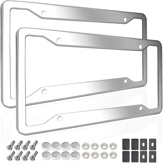 Stainless Steel License Plate Frames- 2 Pack Mirror Polished Front & Rear Auto Car Tag Holder, Heavy Duty Chrome Bracket with Mount Hardware, Screws Caps