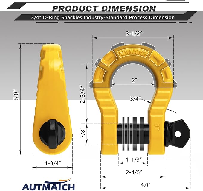 AUTMATCH D Ring Shackles 3/4" Mega Shackle (2 Pack) 68,000Ibs Break Strength - Heavy Duty Clevis Shackles with 7/8" Screw Pin and Isolator Washer for Tow Strap Winch Off Road Vehicle Recovery, Yellow
