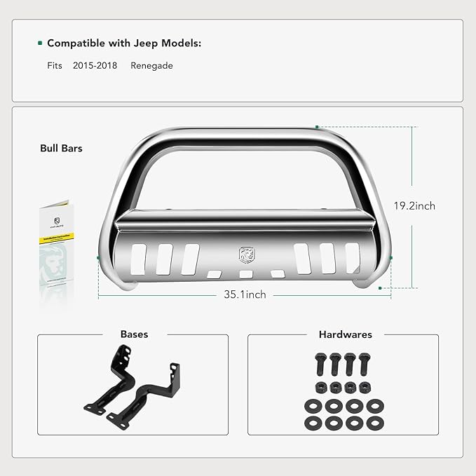 YHTAUTO 2.5" Bull Bar Push Bar with Skid Plate Light Mount Fit Jeep Models, BU Series Renegade 2015 2016 2017 2018, S/S 304 Brush Guard for Truck Front Bumper Off Road Accessories