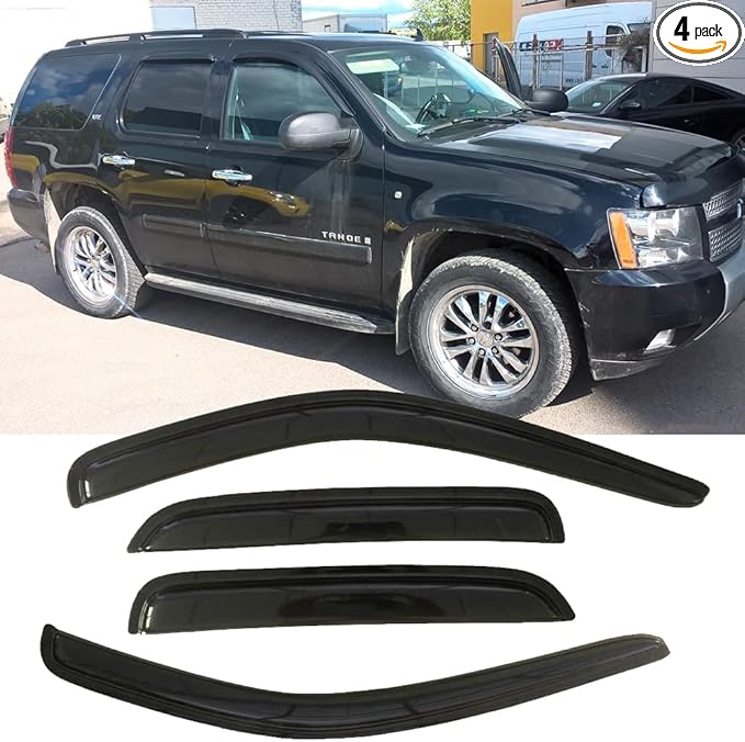 94514 Side Window Visor Wind Vent Deflector fit for 2007-2014 Chevy Tahoe/GMC Yukon,4pcs Outside Mount Style Tap-On Sun Rain Guards Set,Dark Smoke Window Shade