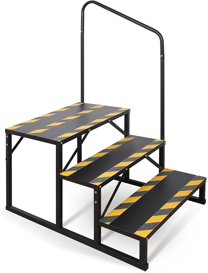3 Step RV Stairs, Hot Tub Steps, Outdoor Spa Step Ladder with Handrail,Portable Economy 5th Wheel Stair for Travel Trailer, Motor Home, Camper and Porch with Non-Skid Tapes