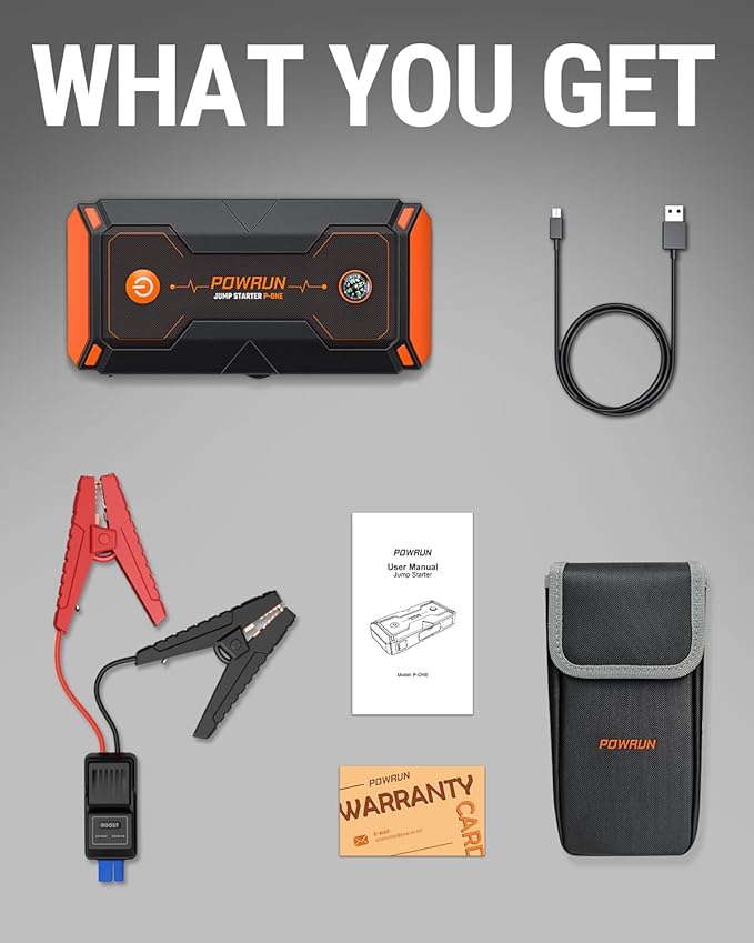 Powrun P-ONE Jump Starter, 2000A Portable Jump Box - Car Jump Starter Battery Pack for up to 8.0L Gas and 6.5L Diesel Engines, 12V Battery Jump Starter with Carry Case (Orange)
