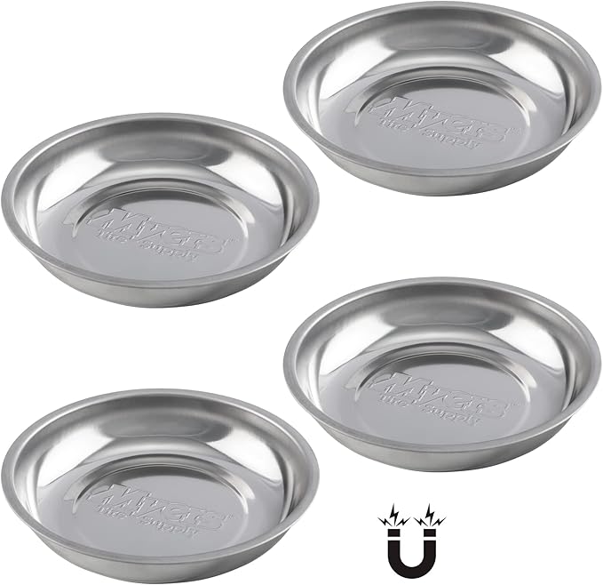 Myers Tire Supply Heavy Gauge Polished Steel 6 inch Round Magnetic Trays w/Strong Magnet | Great for Mechanics and DIY, Set of 4
