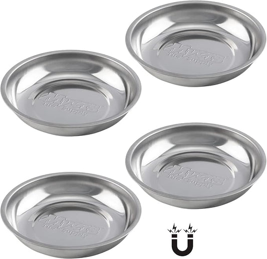 Myers Tire Supply Heavy Gauge Polished Steel 6 inch Round Magnetic Trays w/Strong Magnet | Great for Mechanics and DIY, Set of 4
