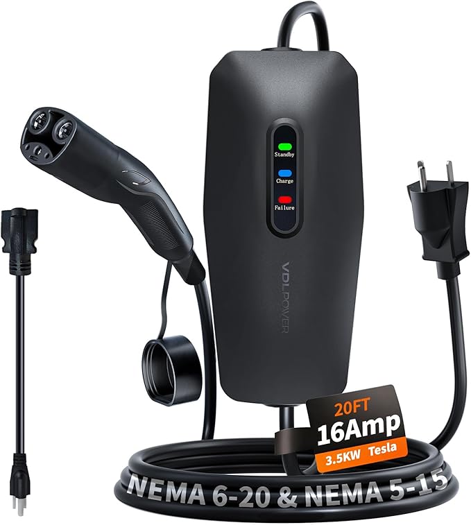 Level 1/2 EV Charger for Tesla 16Amp, Electric Vehicle Portable Charger with 20FT Cable, 3.5KW Home EV Charging Station for Tesla Models Y/X/3/S,110V-240V, NEMA 6-20 & NEMA 5-15 Plug