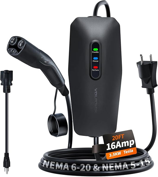 Level 1/2 EV Charger for Tesla 16Amp, Electric Vehicle Portable Charger with 20FT Cable, 3.5KW Home EV Charging Station for Tesla Models Y/X/3/S,110V-240V, NEMA 6-20 & NEMA 5-15 Plug