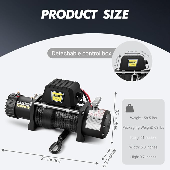 CALLIERT Winch 13000 lb. Load Capacity Electric Winch Kit 12V Synthetic Rope, with Wireless Handheld Remote and Corded Control Recovery Waterproof IP66 Off Road Winch for Jeep, Truck, SUV