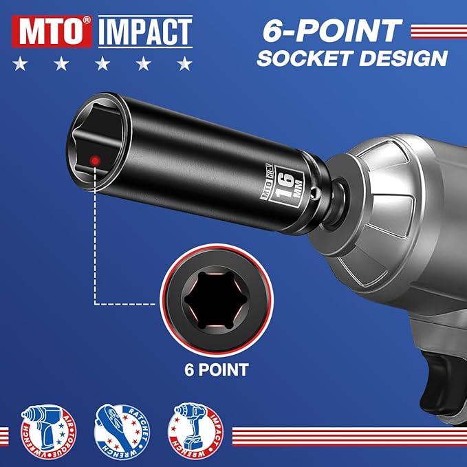 MTO 1/2" Drive 16mm Deep Impact Socket, 6-Point Metric Socket for Automotive Maintaince, CR-V Steel Meets ANSI Standards