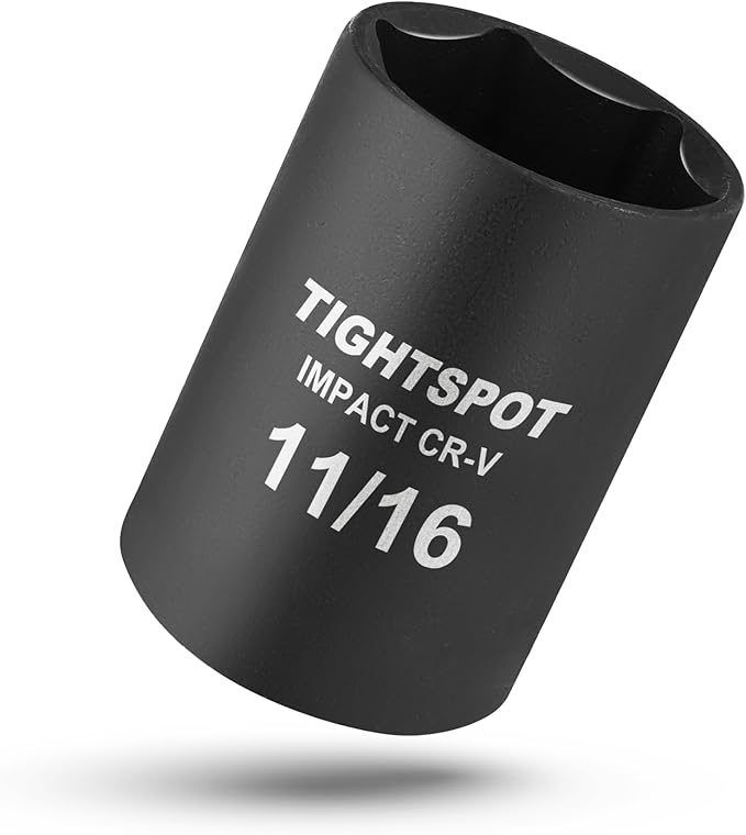 TIGHTSPOT 1/2 Inch Drive - 11/16 Inch Shallow Impact Socket with Anti-Rounding 6 Point Design, Heat-Treated CRV Steel