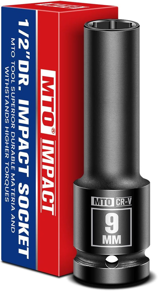 MTO 1/2" Drive 9mm Deep Impact Socket, 6-Point Metric Socket for Automotive Maintaince, CR-V Steel Meets ANSI Standards