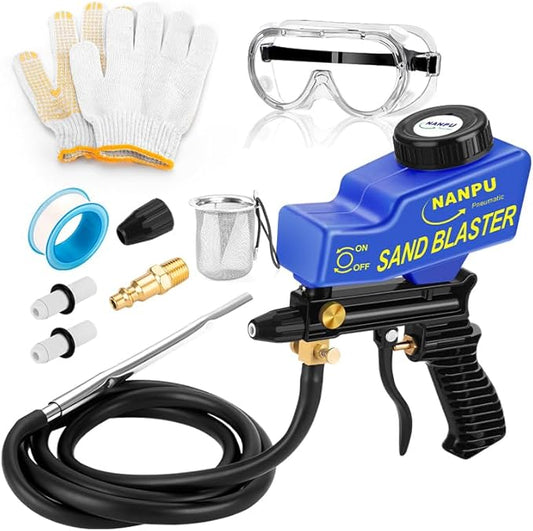 NANPU Light-Duty Air Sandblaster Gun Kit with Siphon & Gravity Feed, Ceramic Nozzle, Metal Body, for Small Project Surface Prep, Paint & Rust Removal, Metal/Wood/Glass Etching, Requires Air Compressor