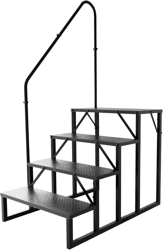 RV Steps with Handrail, Hot Tub Steps Outdoor, 4 Step Ladder Stool, RV Stairs with Anti-Slip Panel, Camper Steps for Spa, Travel Trailers, Pool and Porch
