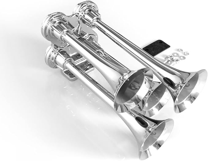 12V/24V Chrome Universal 150DB Super LoudTrain Air Horn Kit, 4 Trumpet Chrome Design for Trucks, Pickups, Cars, and Boats, 11.8/11.8/9/9 inch