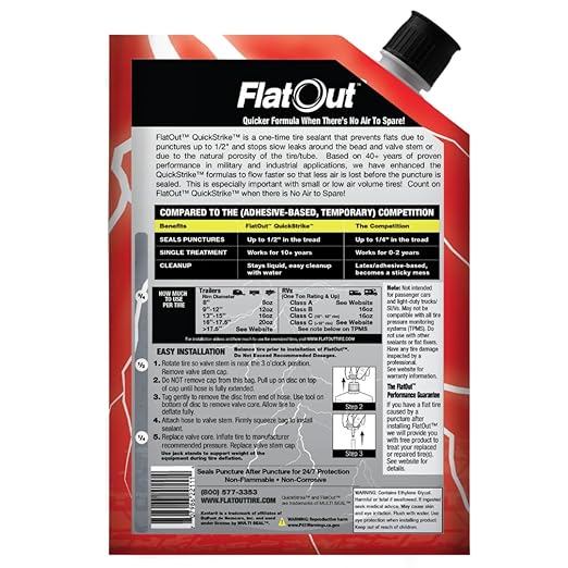 FlatOut QuickStrike Tire Sealant On Road Formula - Prevent Flat Tires, Seal Leaks, Contains Kevlar, 32-Ounce Bag, 2-Pack