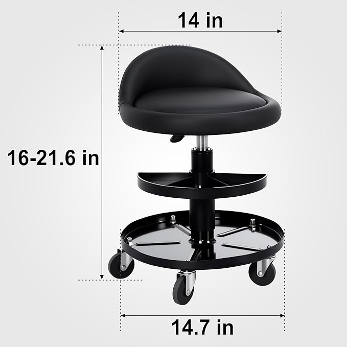 Frassie Rolling Mechanics Garage Seat Stool with Storage Tool Tray Adjustable Height for Auto Repair 300 LBS Capacity