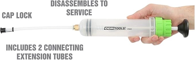 OEMTOOLS 200cc Small Fluid Extractor and Filler Pump – Precision Vacuum Pump for Brake Fluid, Power Steering, Coolant, and Small Oil Jobs – Dual-Scale Cylinder, Extension Tubes, Serviceable Design