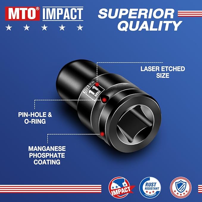 MTO 1/2" Drive 11mm Shallow Impact Socket, 6-Point Metric Socket, CR-MO Steel & Anti-Corrosion Coating for Tight Spaces and Heavy-Duty Tasks