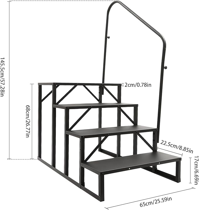 RV Stairs W/Handrail, 4 - Step Stair Hot Tub Steps Swimming Pool Ladder Above Ground, Universal Portable Mobile Home Steps with Handrail for Outdoor
