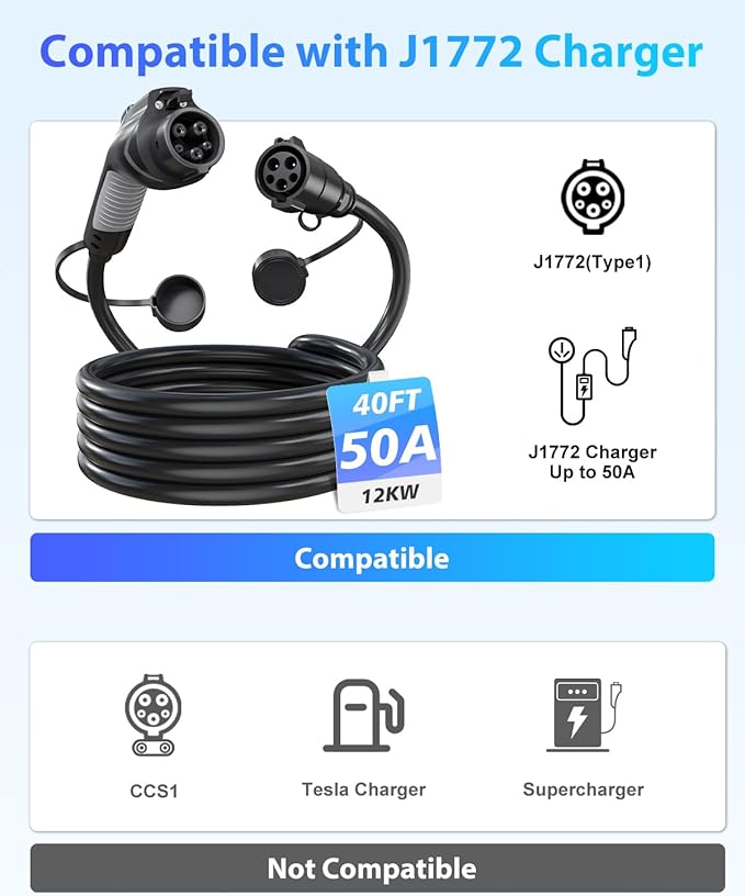 EV Charger Extension Cable, J1772 Extension Cable 50A 40FT Charging Cord for Electric Vehicle 110V-240V Compatible for All SAE J1772 Chargers (50A - 40FT)