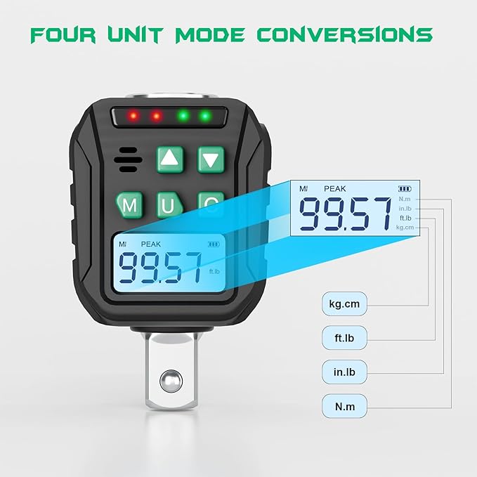 1/2-Inch Digital Torque Adapter, 5.02-99.57 Ft.lb/6.8-135 N.m, Electronic Torque Wrench Converter with ±2% Accuracy, Preset Function, Data Storage, 3/8” & 1/4” Adapter for Bike, Moto, Car