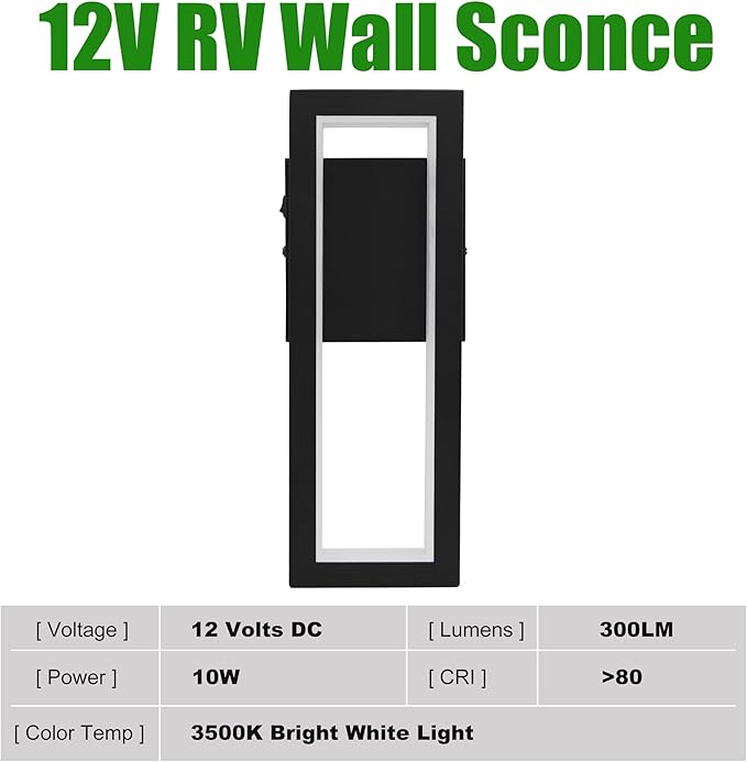 12V LED RV Vanity Wall Sconce with Switch, 10W 3500K Warm White Reading Light, Durable Metal Base & Shatterproof Acrylic Lens, Interior Lighting for RV, Camper, Trailer, Motorhome, Van, Boat