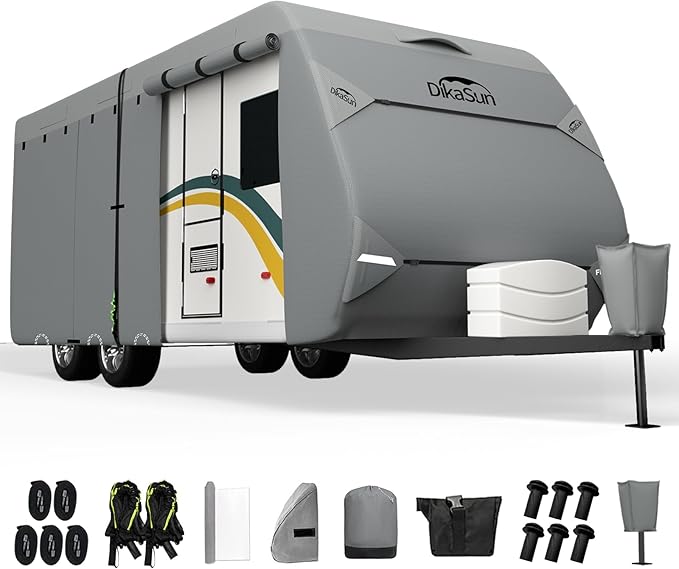 Travel Trailer RV Cover 16-18 FT, Upgraded 7 Layers Top Waterproof Camper Cover, Heavy Duty Toy Hauler RV Cover for Winter Snow with Tongue Jack Cover, Gutter Covers