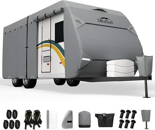 Travel Trailer RV Cover 14-16 FT, Upgraded 7 Layers Top Waterproof Camper Cover, Heavy Duty Toy Hauler RV Cover for Winter Snow with Tongue Jack Cover, Gutter Covers