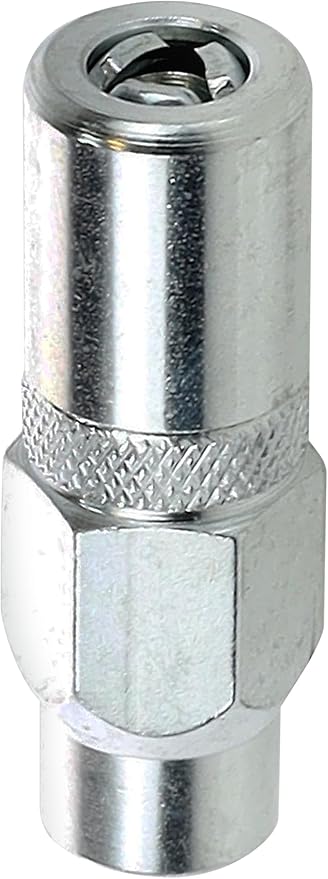 LUMAX LX-1402 Silver 1/8 of an inch NPT Heavy-Duty Grease Coupler. for Hand and Most air-Powered Grease Guns. 1/8 inches NPT Female Threads. 7,500 PSI max Operating Pressure.