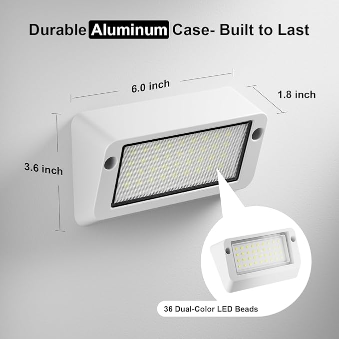 Aluminum RV LED Porch Light- Dual Color Switchable White & Amber, 1400LM Bright Outdoor Light, IP67 Waterproof 12-30V DC, for Campers, Trailers, Motorhomes (White Housing)- 1 Pack