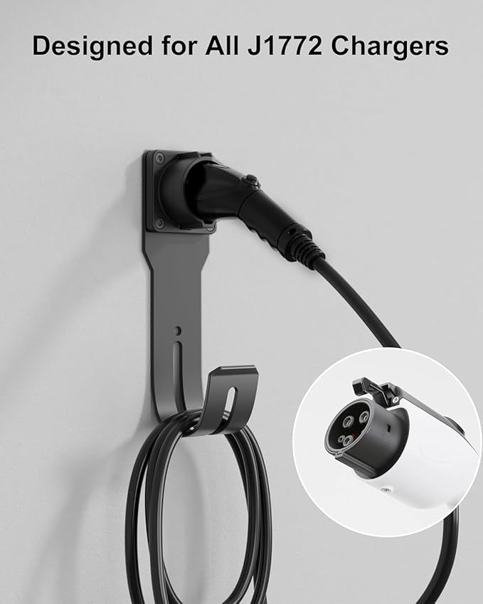 EV Charger Holder Wall Mount Kit, Ev Charging Cable Holder, EV Cable Box Organizer&J-Hook Electric Car Plug Nozzle Holster for SAE J1772 Connector(Indoor/Outdoor Use)