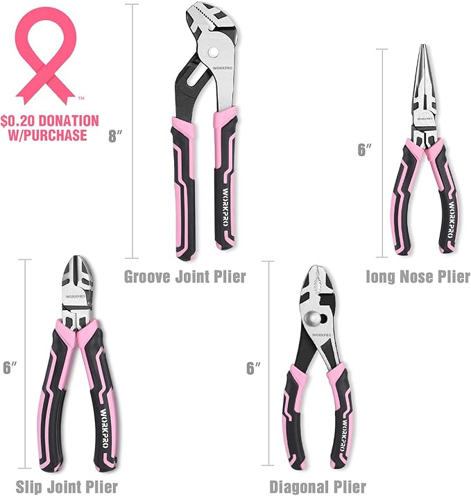 WORKPRO 4-Piece Pliers Set, Premium CR-V Construction Pliers Tool Sets Including Long Nose, Diagonal Cutting, Groove Joint and Slip Joint Pliers - Pink Ribbon