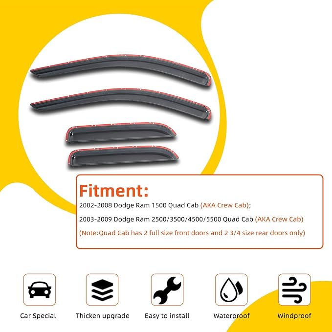 Window Visor Rain Guards Compatible with 2002-2008 Dodge Ram 1500 & 2003-2009 Dodge Ram 2500/3500/4500/5500 Quad/Crew Cab Wind Deflectors Vent Visors for Truck Tape-On Smoke Outside Mount 4pcs