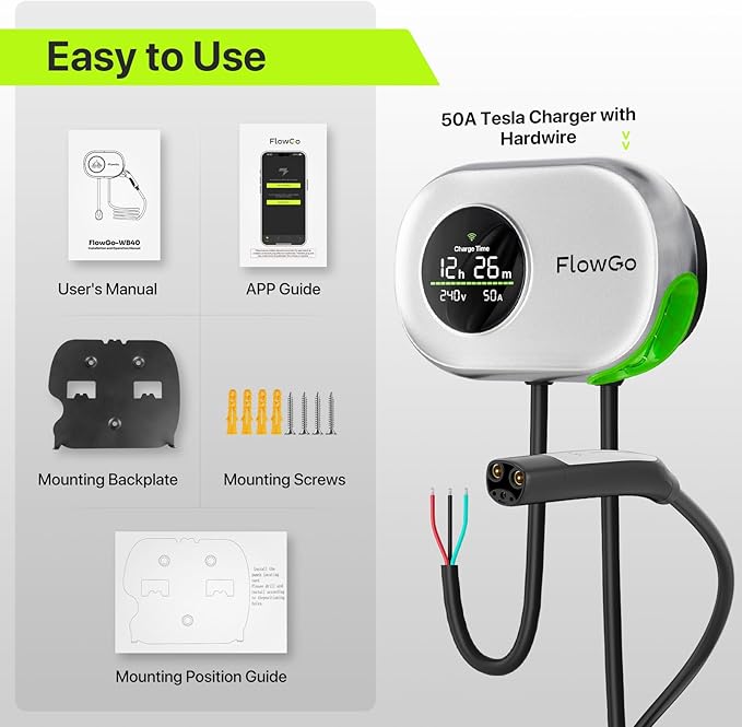 Tesla Charger Level 2 Hardwire 50A Smart Home Charger NACS 240V EV Chargers 50 Apms Large Motion-Activate Display Screen One-Piece Housing Metal Case 25 FT Cable NEMA 14-50 Plug