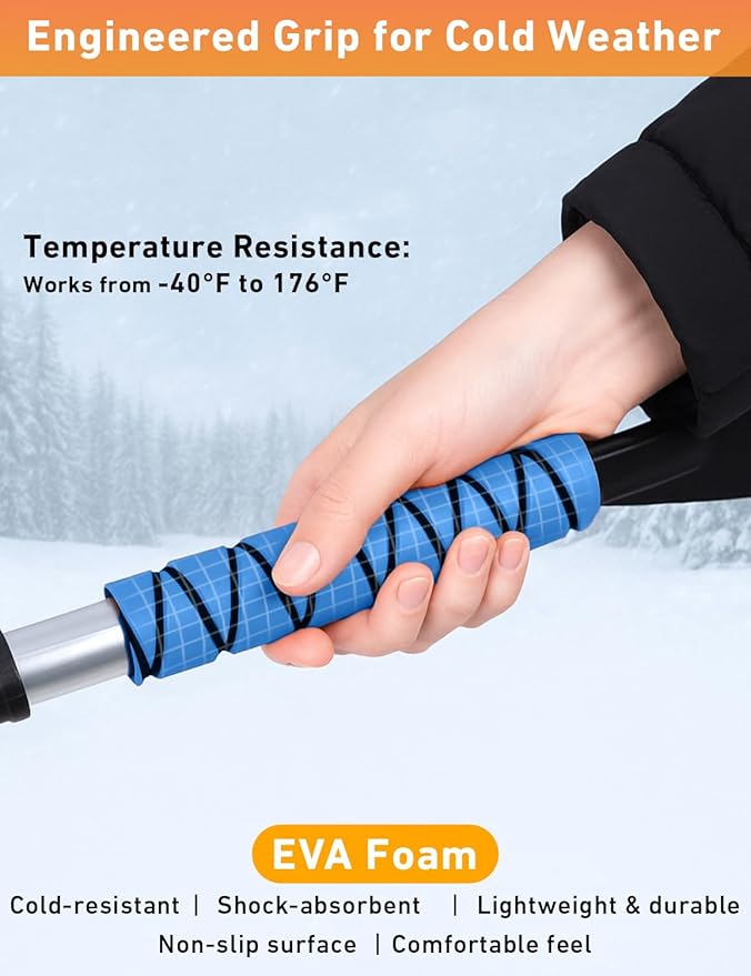 EcoNour 27" Aluminum Snow Brush with Ice Scrapers for Car Windshield and Window | Car Snow Scraper and Brush with Ergonomic Foam Grip Winter Accessories (Blue)