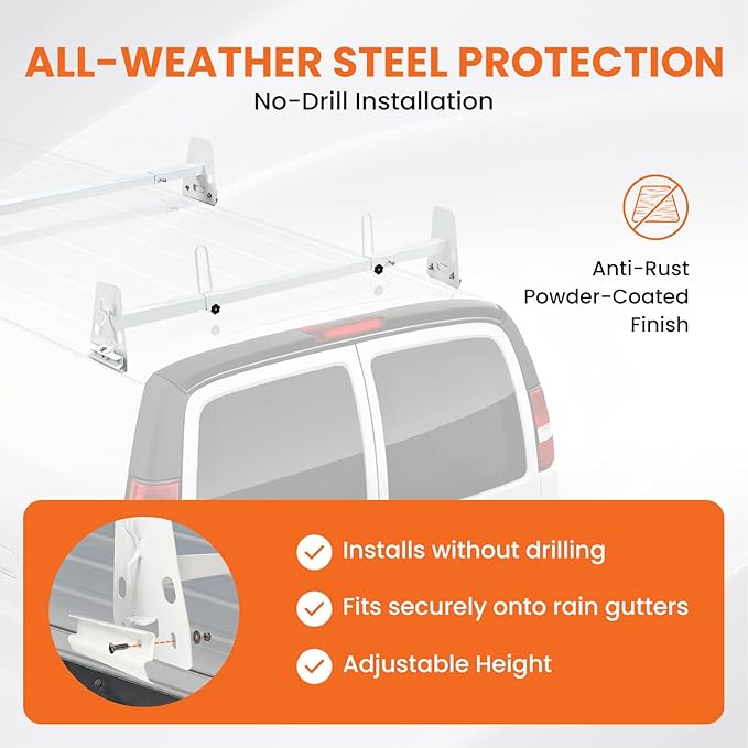 Van Roof Ladder Rack, 3 Adjustable Crossbars (48"-67") with Rain Gutter Mounts, Compatible with Chevy Express 1500/2500/3500, Ford Econoline, and GMC Savana Cargo Vans