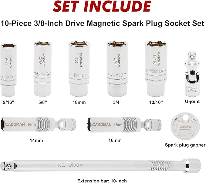 CASOMAN 10PCS 3/8"Drive Magnetic Spark Plug Socket Set, 6PT&12PT, Include Extension Bar, Universal Joint & Spark Plug Gapper, CR-V Steel