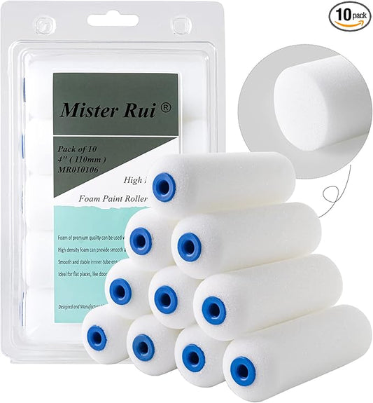 Mister Rui Foam Paint Roller, 10 pcs, 4 Inch Paint Roller, High Density Foam, Small Edge Paint Roller, 4 Inch Foam Roller for Painting, for Furniture Painting and Decorating, Corners and Detail Places