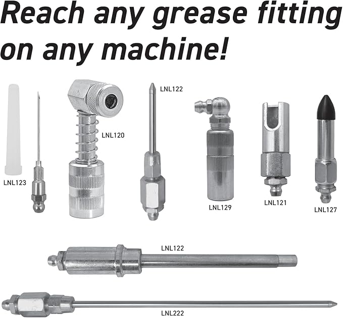 LockNLube 8-Piece Quick Connect Greasing Accessory Kit. Complete grease fitting connection kit. Reach any grease fitting on any machine. The rip-stop case keeps tools clean and portable.
