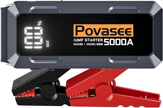 Povasee Car Battery Jump Starter 5000A Jump Box (All Gas/10L Diesel) Portable Car Jump Starter Battery Pack, 12V Jumper Starter Portable 3" LCD Display/Power Bank/Dual Output/LED Light DC