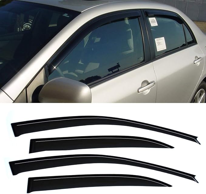 94620 Side Window Wind Deflector, 4pcs Out-Channel Tape-On Nice Rain Guards Set, Dark Smoke Window Visor fit for 2003-2008 Toyota Corolla