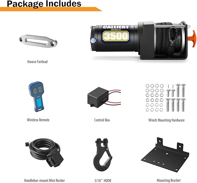 CALLIERT 3500LB Powerful Electric Synthetic Winch 12V DC ATV UTV Winch, 3/16'' Synthetic Rope Waterproof Powerful Winch with Wireless Remote Control Switch and Mounting Bracket