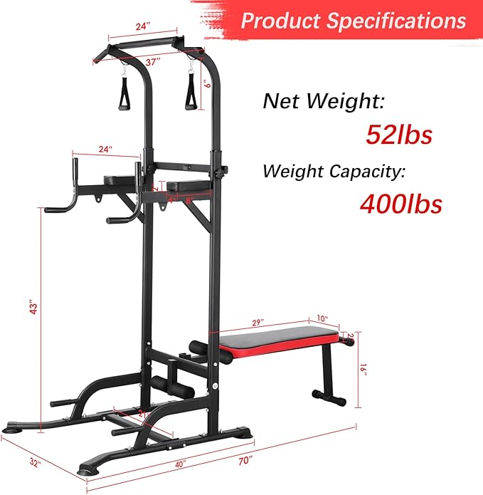 TLSUNNY Power Tower with Bench, Pull Up Bar Dip Station, Power Tower Dip Station, Training Workout Equipment, Height Adjustable Pull Up Tower w/Folding Bench 4 Ropes, Strength Training, Home Gym