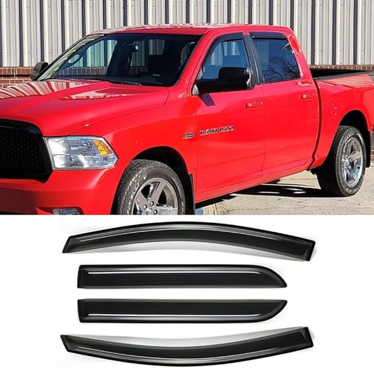 Side Window Visors Wind Vent Deflector fit for 2019-2024 Dodge Ram 1500 Crew Cab Pickup,4pcs Outside Mount Tape-On Dark Smoke Nice Sun Rain Guards Set 94806